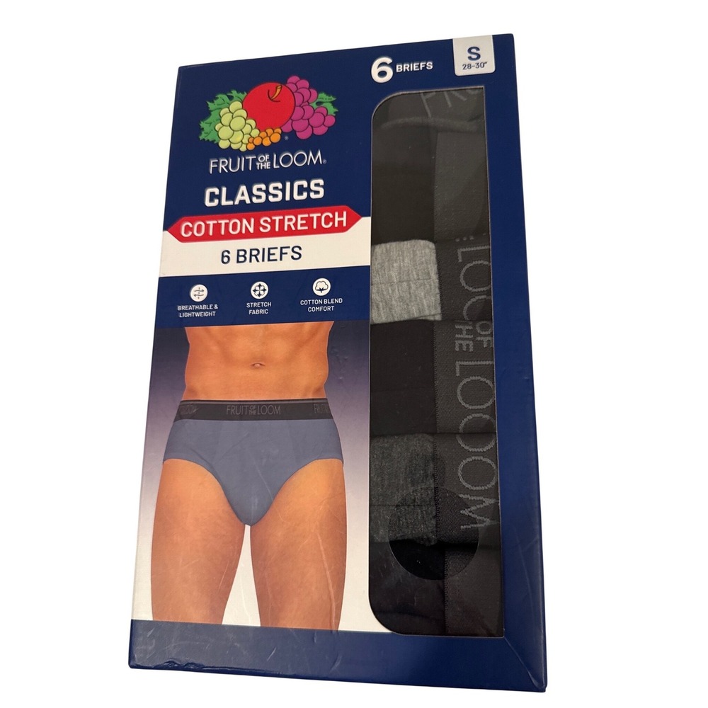 Fruit of the Loom Classic Cotton Stretch 6 Brief Multi Black Grey Blue Small NEW